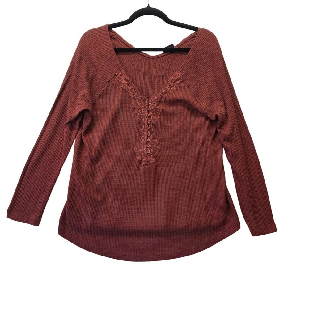 Torrid Burgundy Waffle Knit Lace Trim Long Sleeve Top Plus Size 1 - Picture 2 of 10